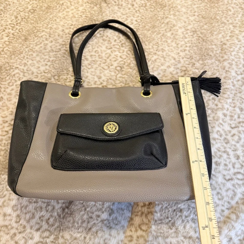 Anne Klein Black Taupe Pebbled Tote Bag Work Purse Large Tassel Officecore - Picture 6 of 6